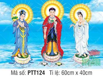 Tranh Tây Phương Tam Thánh PTT124, ba Ngài đứng giữa mây trời