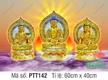 Tranh Tây Phương Tam Thánh PTT142, ba tôn tượng vàng rực rỡ