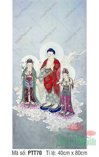 Tranh Tây Phương Tam Thánh PTT70, ngự đài sen trên mây trắng Tranh Tây Phương Tam Thánh PTT70, ngự đài sen trên mây trắng