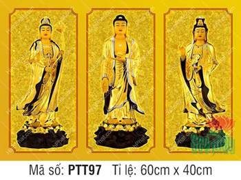 Tranh Tây Phương Tam Thánh PTT97, tôn tượng vàng viền đỏ Tranh Tây Phương Tam Thánh PTT97, tôn tượng vàng viền đỏ