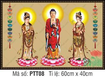 Tranh Tây Phương Tam Thánh Đẹp PTT08, tôn tượng đứng đài sen hồng