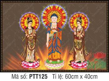 Tranh Tây Phương Tam Thánh Đẹp PTT125, hào quang rực rỡ đài sen hồng