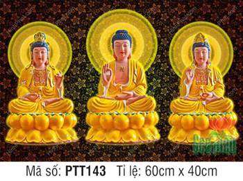Tranh Tây Phương Tam Thánh Đẹp PTT143, sắc y vàng trên nền hoa văn