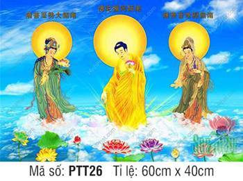 Tranh Tây Phương Tam Thánh Đẹp PTT26, diện tướng từ bi ngự mây xanh