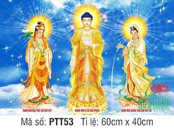Tranh Tây Phương Tam Thánh Đẹp PTT53, ngự đài sen trên mây trời xanh Tranh Tây Phương Tam Thánh Đẹp PTT53, ngự đài sen trên mây trời xanh