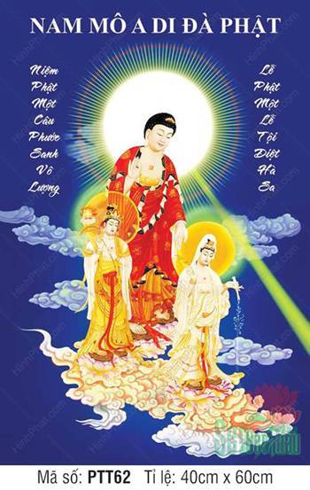 Tranh Tây Phương Tam Thánh Đẹp PTT62, ngự sen giữa trời xanh Tranh Tây Phương Tam Thánh Đẹp PTT62, ngự sen giữa trời xanh