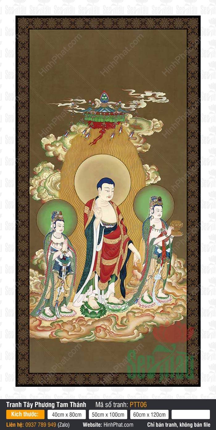 Tranh Tây Phương Tam Thánh PTT06 Tranh Tây Phương Tam Thánh PTT06 ba vị đứng trên đài sen mây ngũ sắc hào quang rạng rỡ