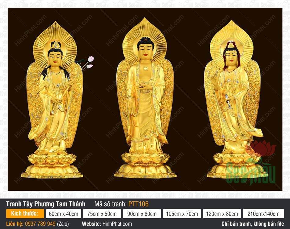 Tranh Tây Phương Tam Thánh PTT106 Tranh Tây Phương Tam Thánh PTT106 tượng dát vàng đứng trên đài sen hào quang lá bồ đề