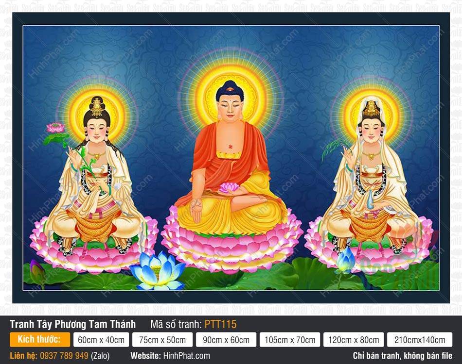 Tranh Tây Phương Tam Thánh PTT115 Hình Phật Tây Phương Tam Thánh PTT115 với ba vị ngồi tòa sen hồng hào quang đa sắc rực rỡ