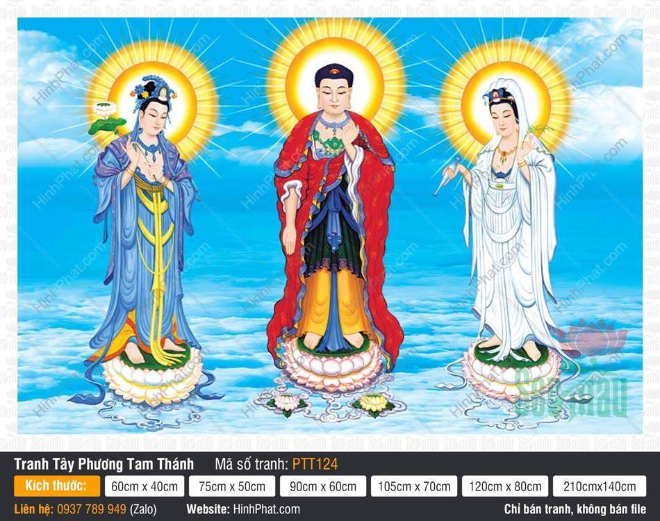 Tranh Tây Phương Tam Thánh PTT124 Tranh Tây Phương Tam Thánh PTT124 mô tả ba vị tôn Phật đứng trên đài sen giữa trời mây xanh