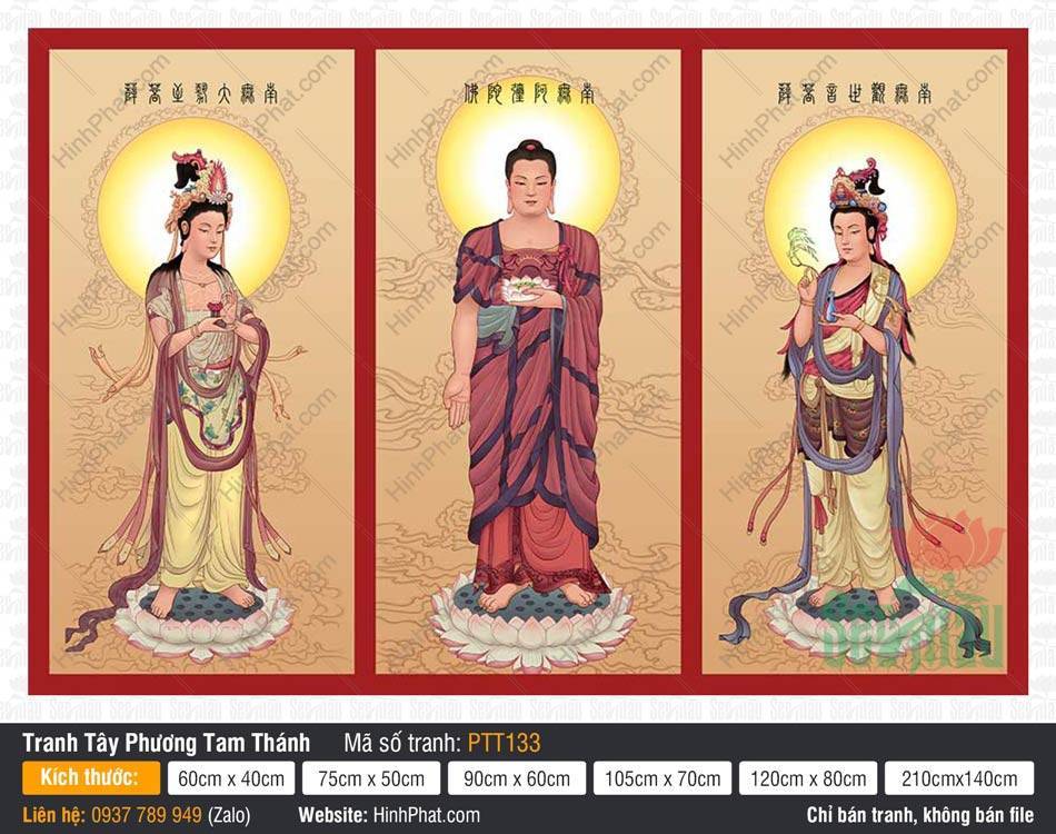 Tranh Tây Phương Tam Thánh PTT133 Tranh Tây Phương Tam Thánh PTT133 với hình ảnh Đức Phật A Di Đà và hai vị Bồ Tát uy nghiêm