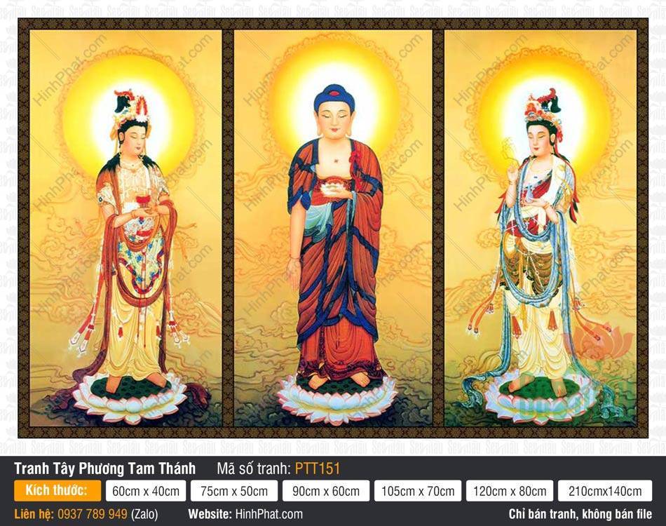 Tranh Tây Phương Tam Thánh PTT151 Tranh Tây Phương Tam Thánh PTT151 hình ảnh các vị Phật đứng uy nghiêm trên tòa sen báu