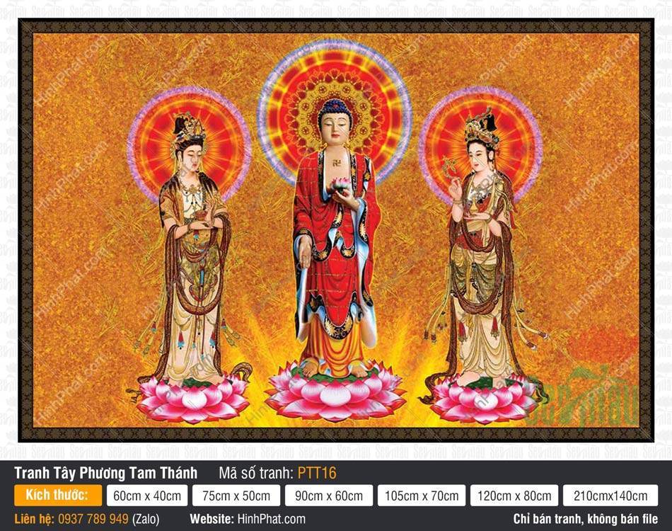 Tranh Tây Phương Tam Thánh PTT16 Bức tranh Tây Phương Tam Thánh PTT16 với Đức Phật mặc y đỏ và hào quang rực rỡ