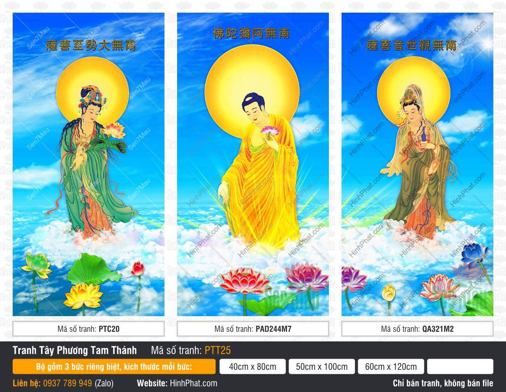 Tranh Tây Phương Tam Thánh PTT25 Tranh Tây Phương Tam Thánh PTT25 bộ ba bức Phật và Bồ Tát ngự đài sen giữa trời xanh