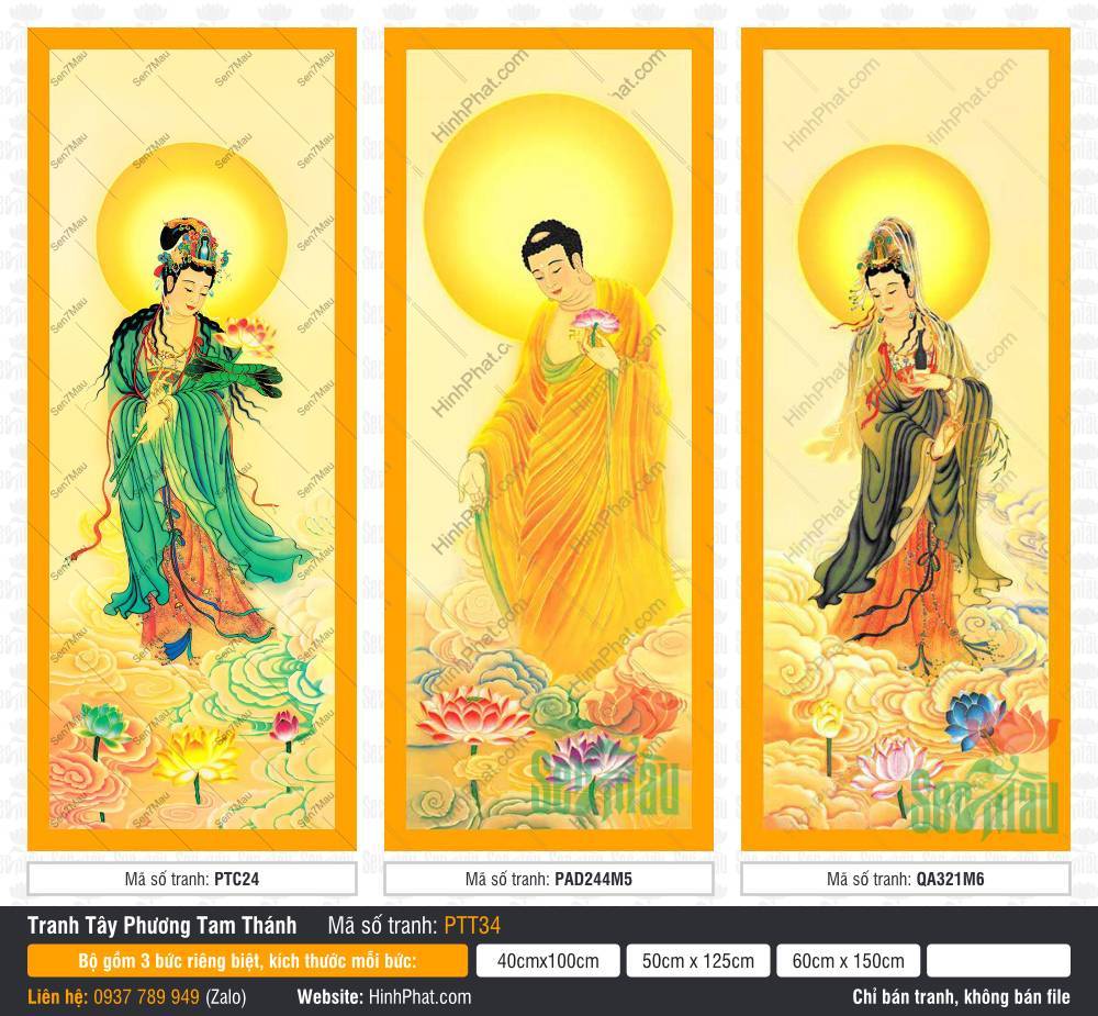 Tranh Tây Phương Tam Thánh PTT34 Tranh Tây Phương Tam Thánh PTT34 với ba vị thánh ngự đài sen giữa hào quang vàng rực rỡ và mây khói thoát tục