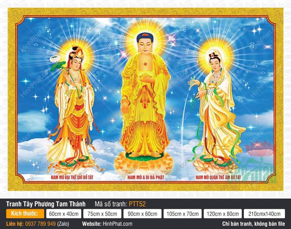 Tranh Tây Phương Tam Thánh PTT52 Tranh Tây Phương Tam Thánh PTT52 đứng trên đài sen hồng