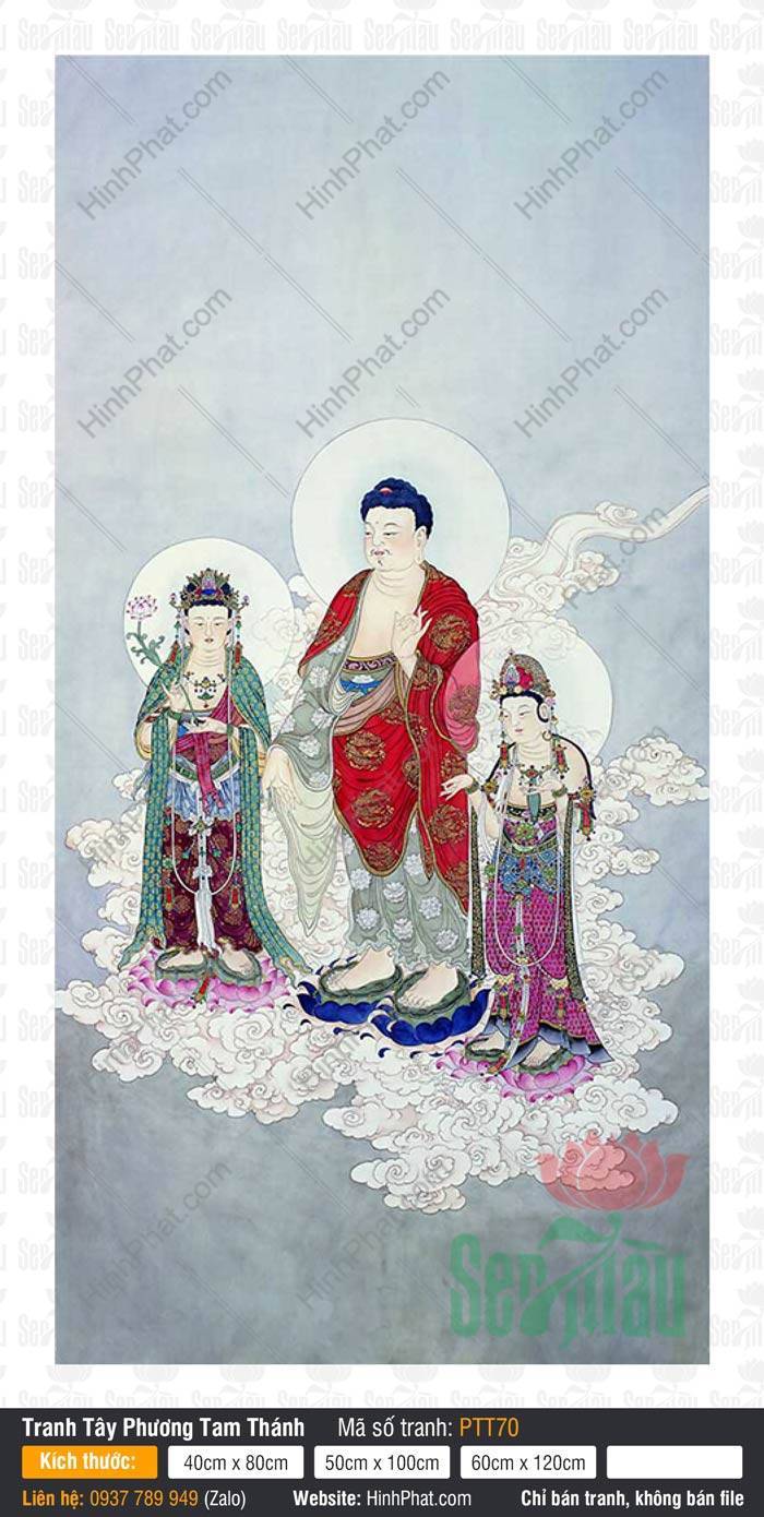 Tranh Tây Phương Tam Thánh PTT70 Tranh Tây Phương Tam Thánh PTT70 ngự đài sen trên mây trắng bồng bềnh