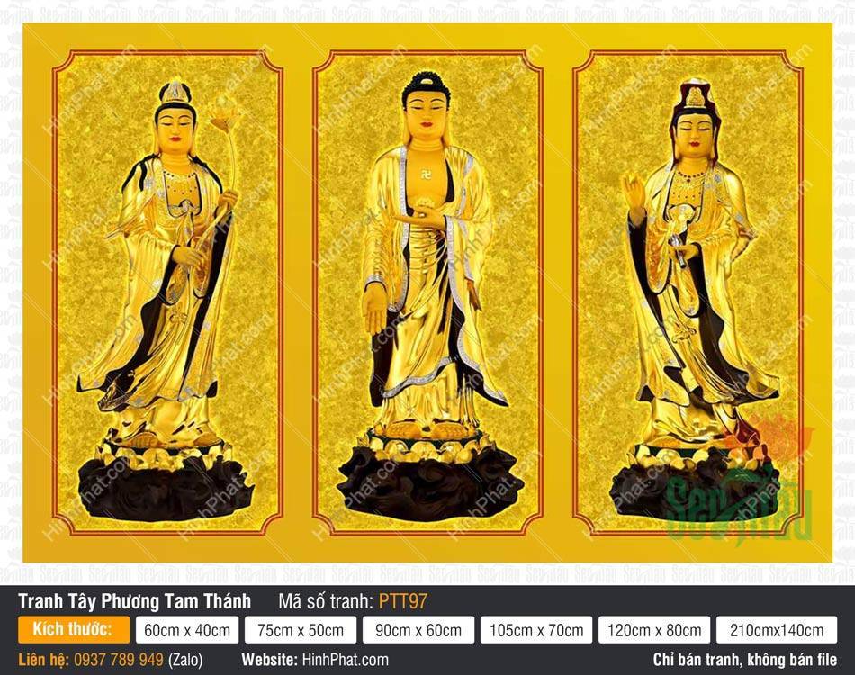 Tranh Tây Phương Tam Thánh PTT97 Tranh Tây Phương Tam Thánh PTT97 tượng vàng kim viền đỏ