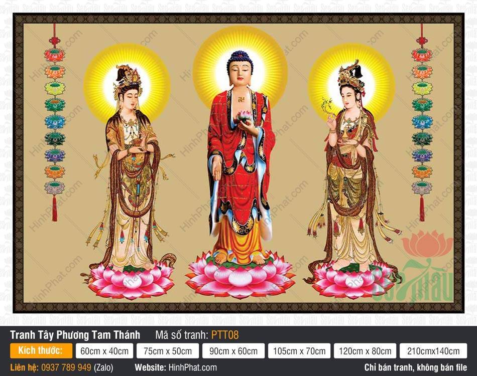 Tranh Tây Phương Tam Thánh Đẹp PTT08 Tranh Tây Phương Tam Thánh Đẹp PTT08 với Đức Phật A Di Đà và hai vị Bồ Tát đứng đài sen