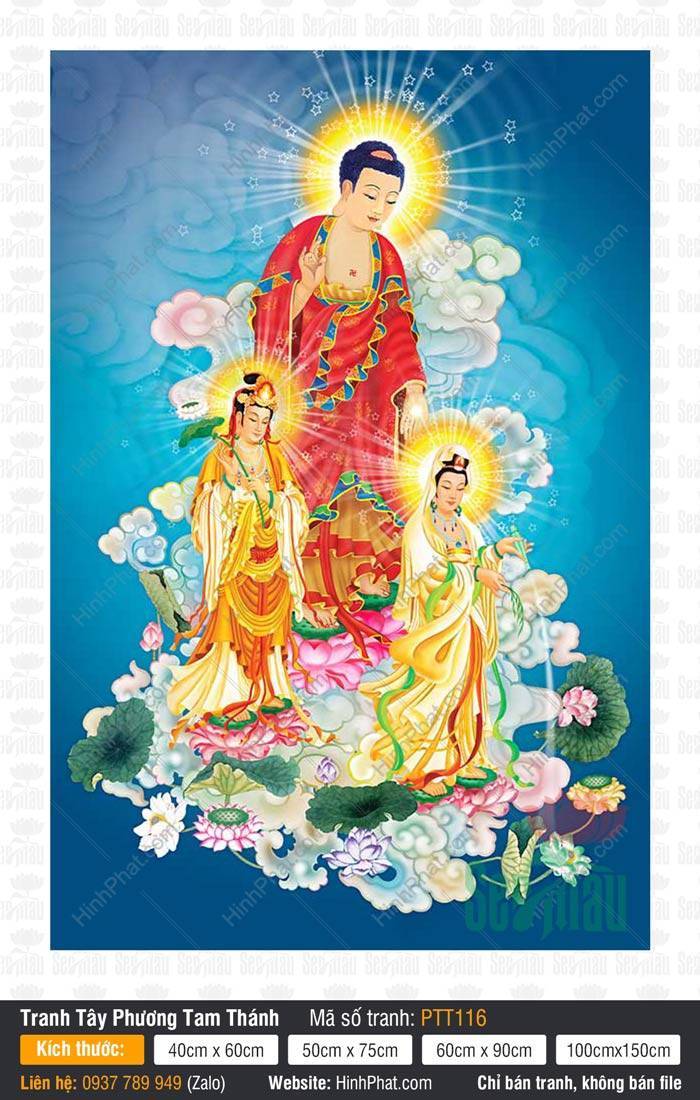 Tranh Tây Phương Tam Thánh Đẹp PTT116 Tranh Tây Phương Tam Thánh Đẹp PTT116 tôn tượng đứng trên tòa sen giữa nền trời xanh mây trắng