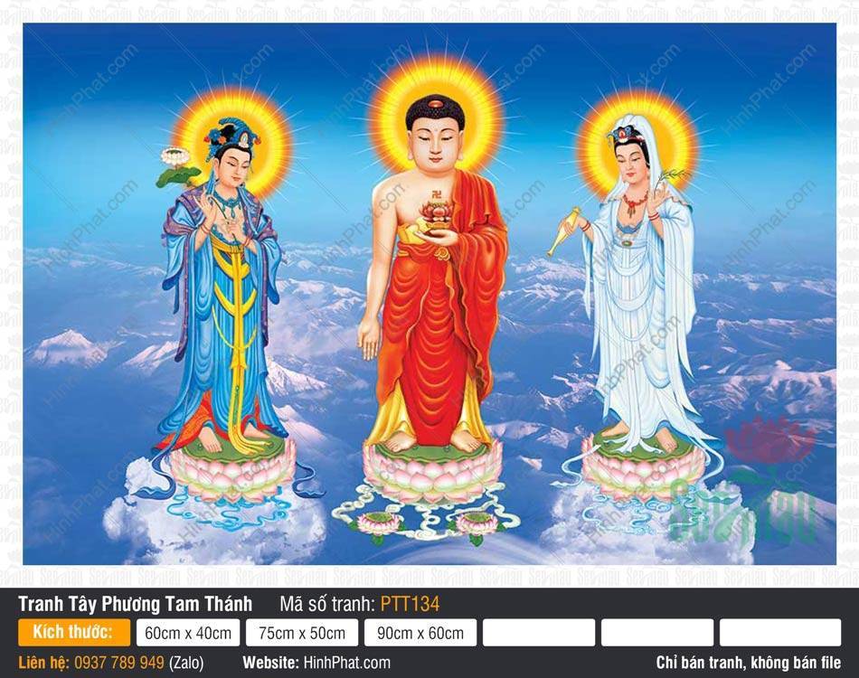Tranh Tây Phương Tam Thánh Đẹp PTT134 Tranh Tây Phương Tam Thánh Đẹp ba vị ngự đài sen giữa trời mây