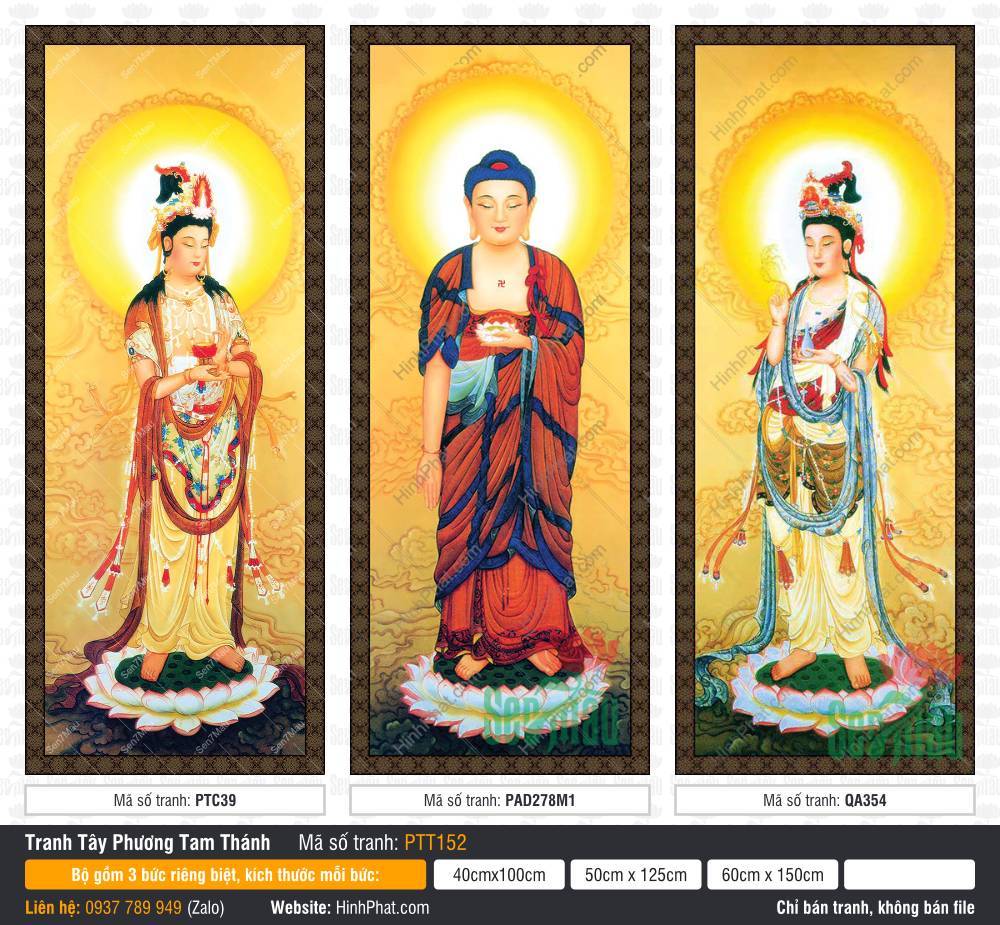 Tranh Tây Phương Tam Thánh Đẹp PTT152 Tôn tượng đứng trên đài sen trong bộ Tranh Tây Phương Tam Thánh Đẹp PTT152 rực rỡ sắc vàng