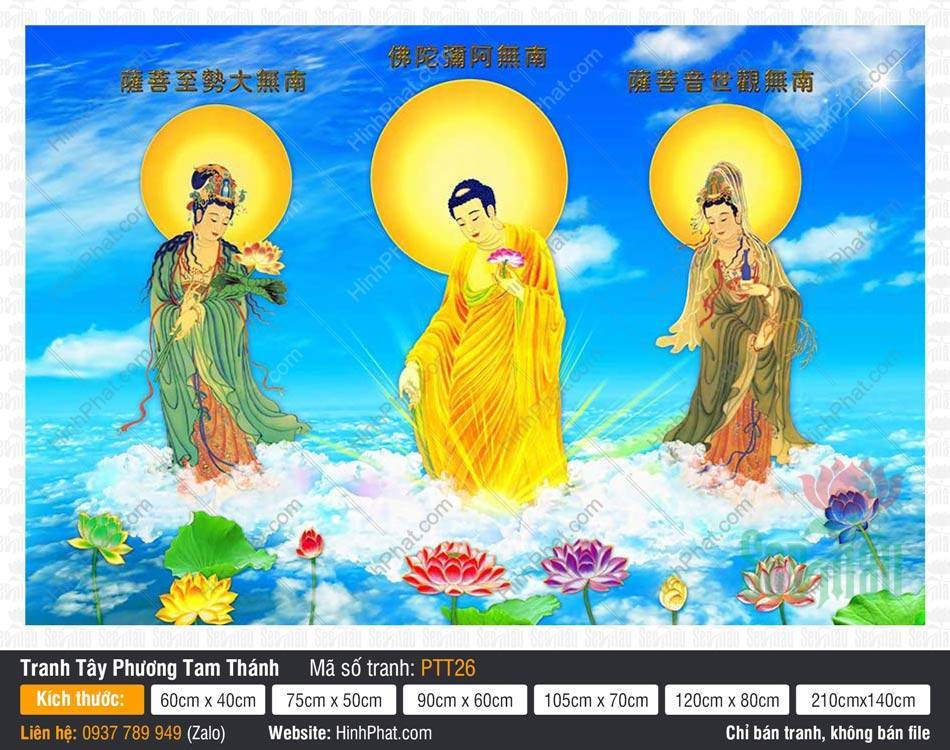Tranh Tây Phương Tam Thánh Đẹp PTT26 Tranh Tây Phương Tam Thánh Đẹp PTT26 khắc họa ba vị tôn tượng đứng uy nghiêm trên mây xanh