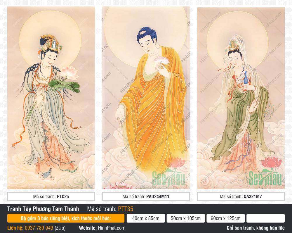 Tranh Tây Phương Tam Thánh Đẹp PTT35 Tranh Tây Phương Tam Thánh Đẹp PTT35 với màu sắc pastel thanh nhã, trang nghiêm