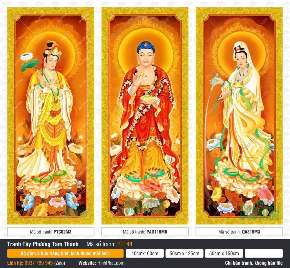 Tranh Tây Phương Tam Thánh Đẹp PTT44 Tranh Tây Phương Tam Thánh Đẹp PTT44 khắc họa ba vị đứng uy nghi đài sen