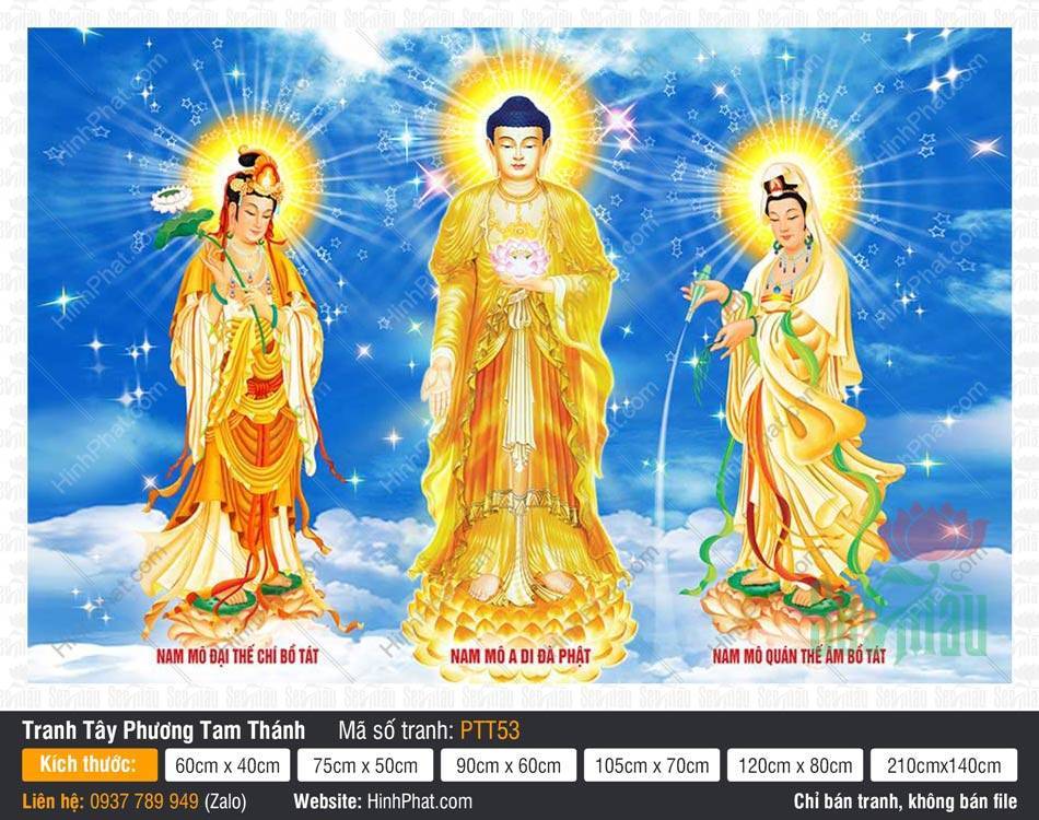 Tranh Tây Phương Tam Thánh Đẹp PTT53 Tranh Tây Phương Tam Thánh Đẹp đứng trên đài sen giữa trời mây xanh