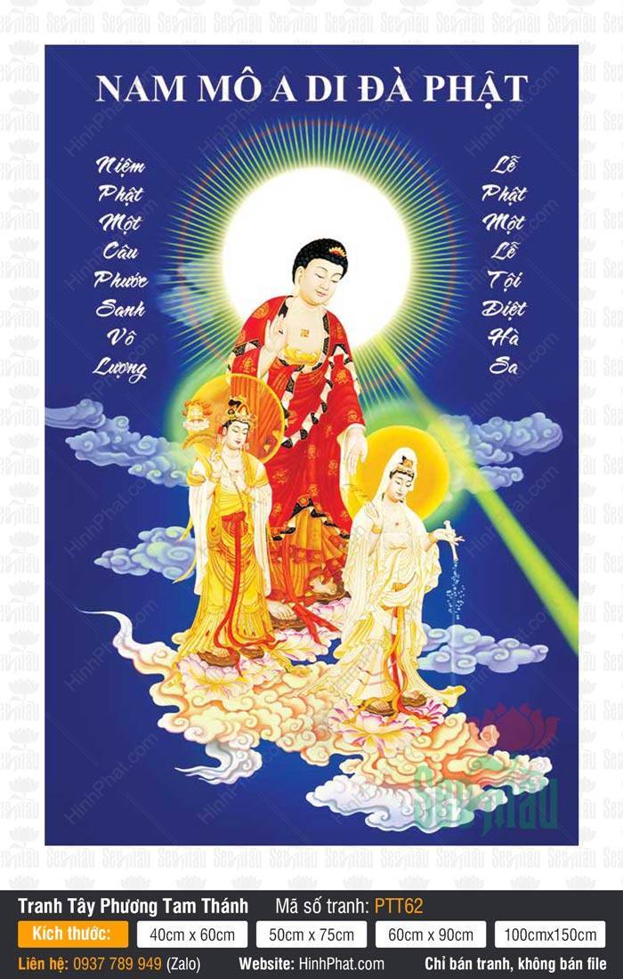 Tranh Tây Phương Tam Thánh Đẹp PTT62 Tranh Tây Phương Tam Thánh Đẹp PTT62 ngự trên đài sen nền xanh