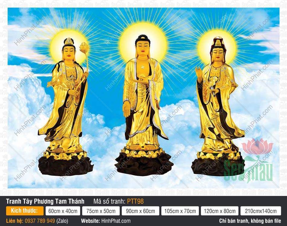 Tranh Tây Phương Tam Thánh Đẹp PTT98 Tranh Tây Phương Tam Thánh Đẹp PTT98 dạng tôn tượng vàng kim y phục đen giữa mây trời