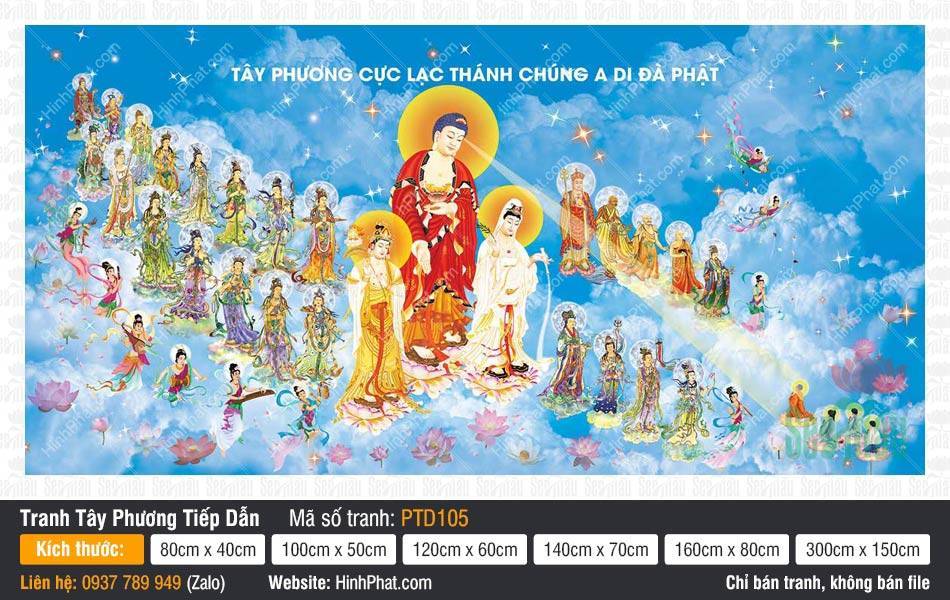 Hình Tây Phương Tiếp Dẫn PTD105 Hình Tây Phương Tiếp Dẫn PTD105 cảnh Đức Phật A Di Đà và Thánh chúng ngự mây xanh rực rỡ