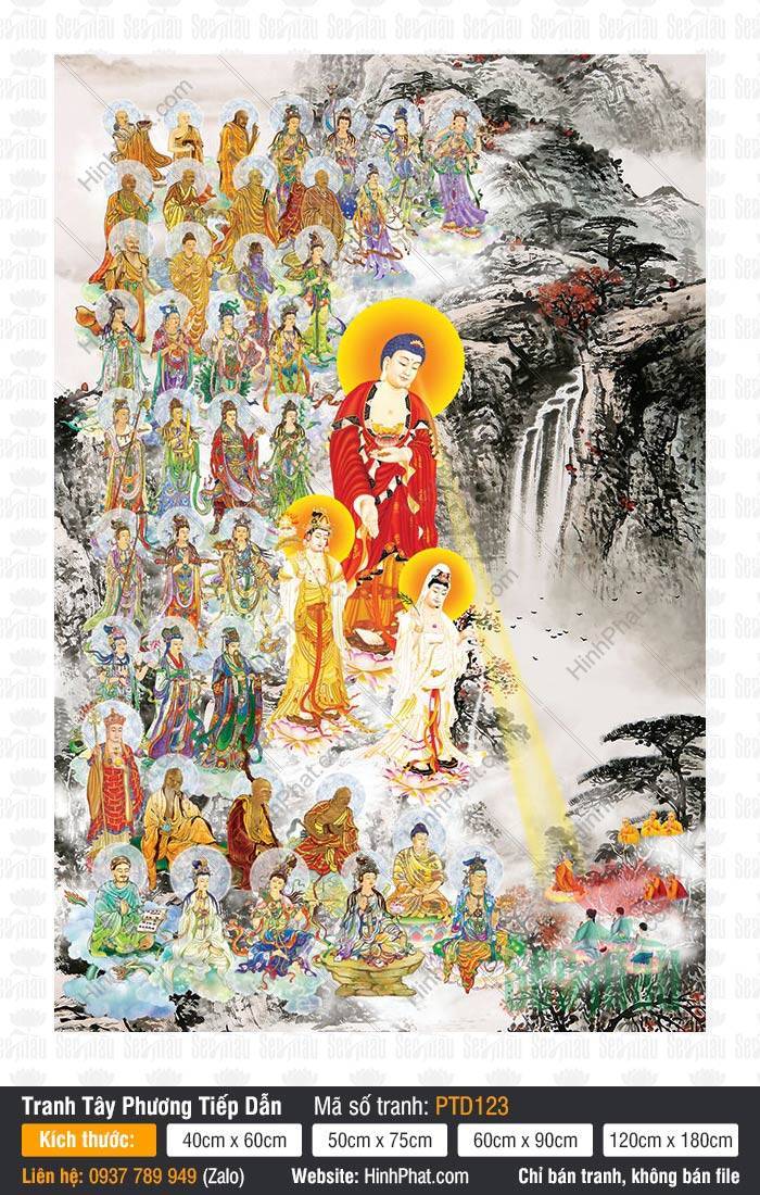 Tây Phương Tam Thánh Tiếp Dẫn PTD123 Tây Phương Tam Thánh Tiếp Dẫn PTD123 cảnh Phật A Di Đà ngự mây bên thác nước và núi non