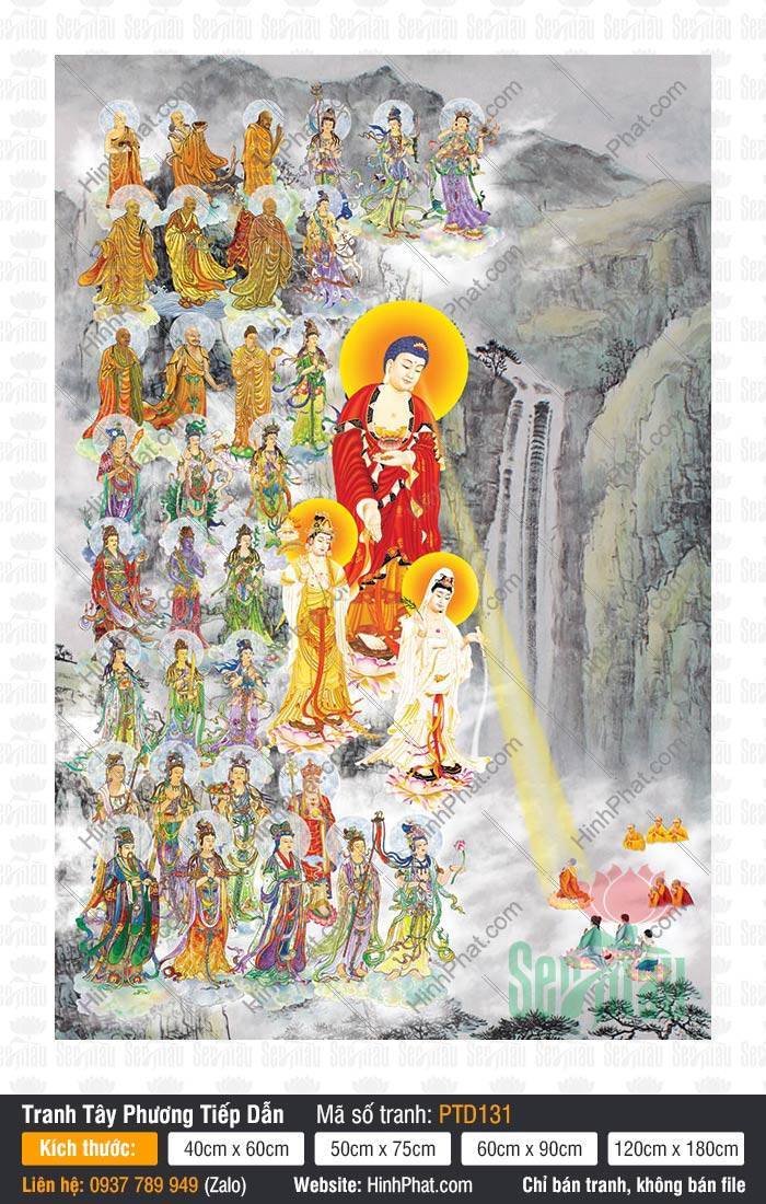 Tây Phương Tam Thánh Tiếp Dẫn PTD131 Tây Phương Tam Thánh Tiếp Dẫn PTD131 Đức Phật A Di Đà ngự mây bên thác nước