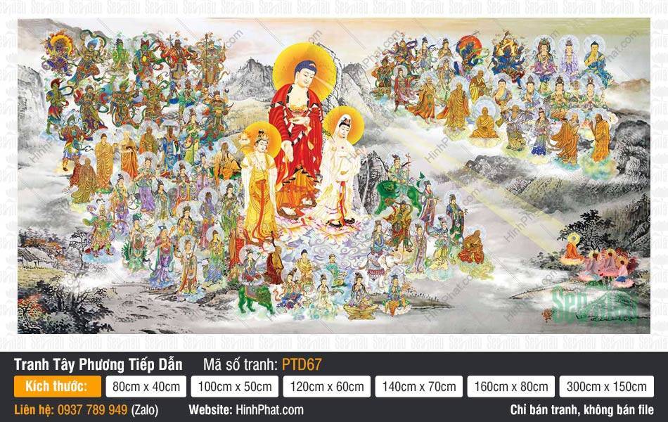 Tây Phương Tam Thánh Tiếp Dẫn PTD67 Tây Phương Tam Thánh Tiếp Dẫn PTD67 khắc họa Phật A Di Đà và Thánh chúng ngự trên mây giữa rừng thông