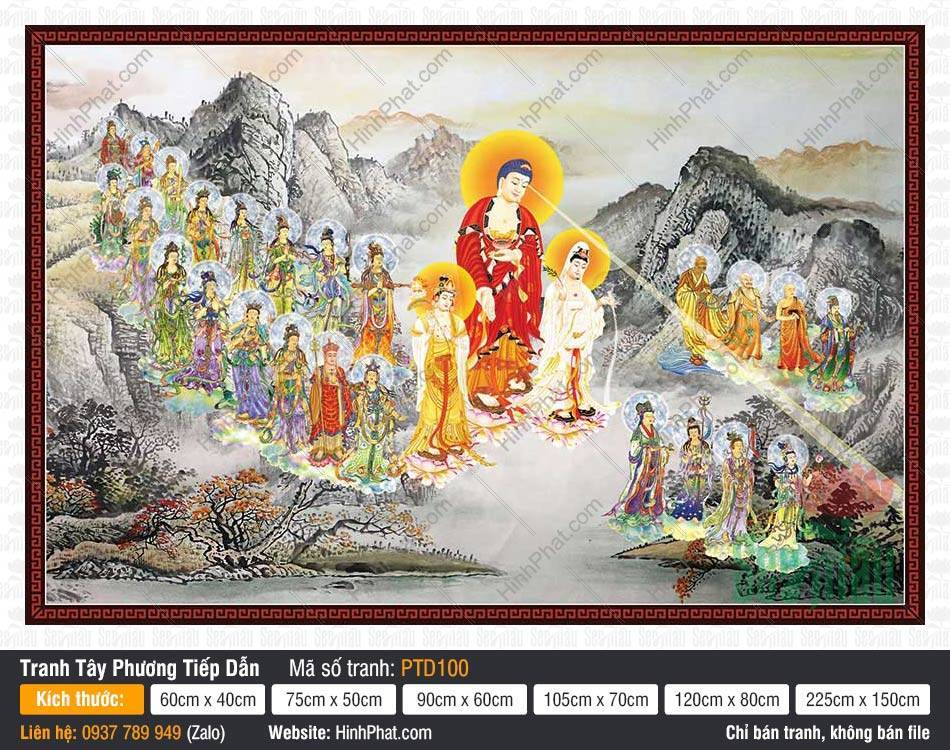 Tây Phương Tiếp Dẫn PTD100 Tây Phương Tiếp Dẫn PTD100 mô tả Phật A Di Đà và Thánh chúng ngự trên mây giữa núi thủy mặc