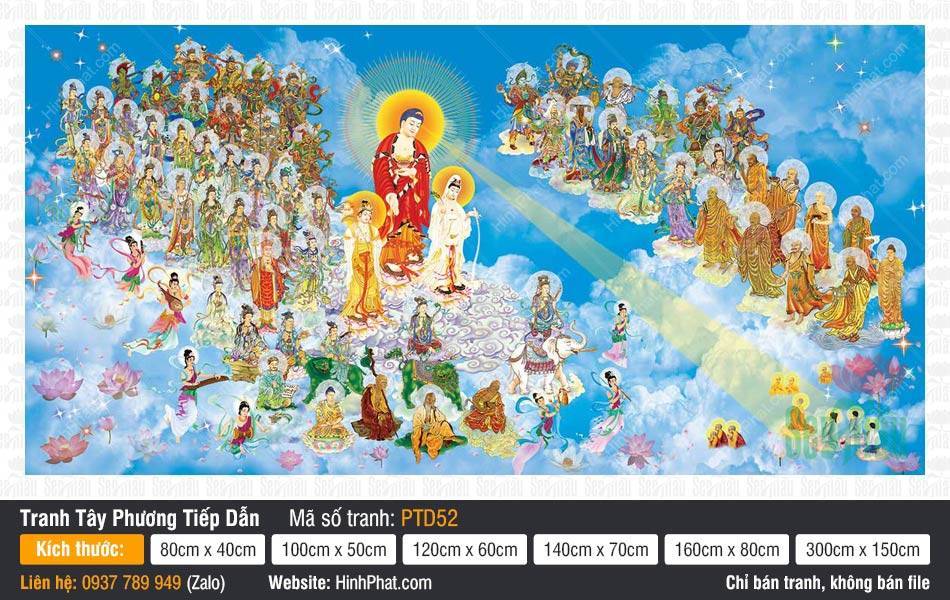 Tây Phương Tiếp Dẫn PTD52 Tây Phương Tiếp Dẫn PTD52 mô tả Phật A Di Đà và Thánh chúng ngự trên đám mây trắng