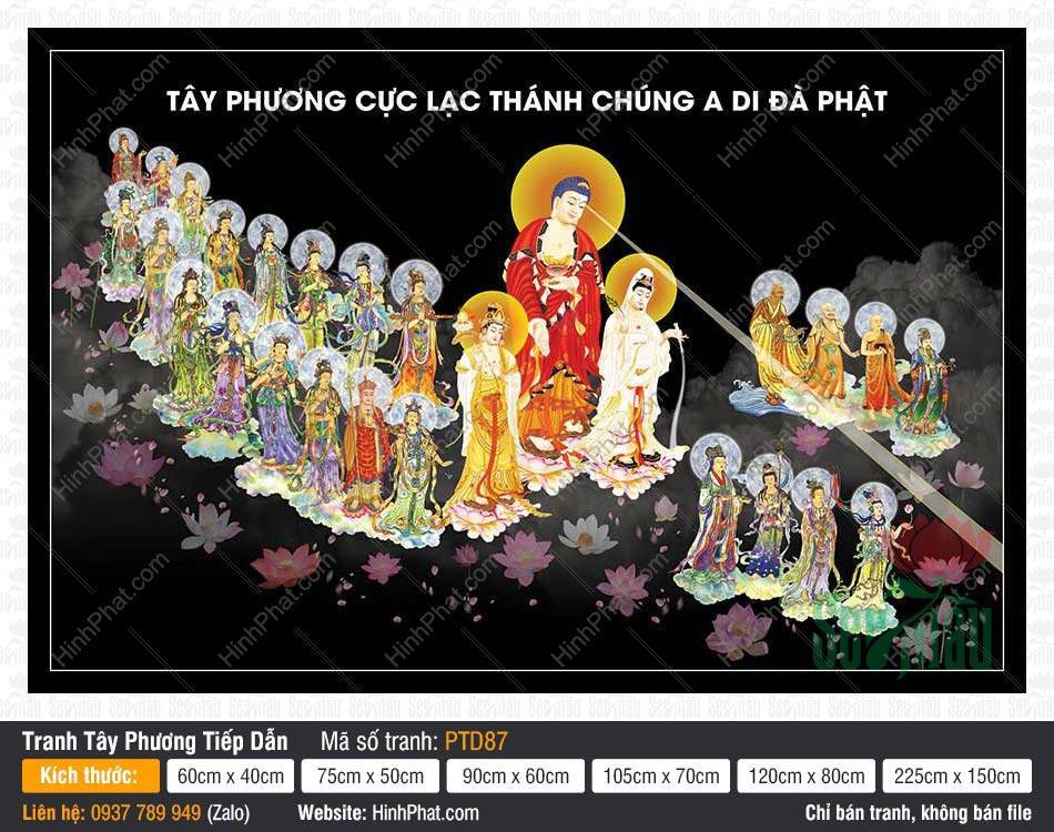 Tranh Tây Phương Tiếp Dẫn Đẹp PTD87 Tranh Tây Phương Tiếp Dẫn Đẹp PTD87 họa cảnh Phật Di Đà và thánh chúng nền đen