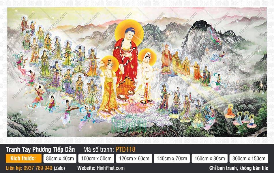 Tranh Tây Phương Tiếp Dẫn PTD118 Tranh Tây Phương Tiếp Dẫn PTD118 mô tả Tam Thánh ngự mây giữa núi non hùng vĩ