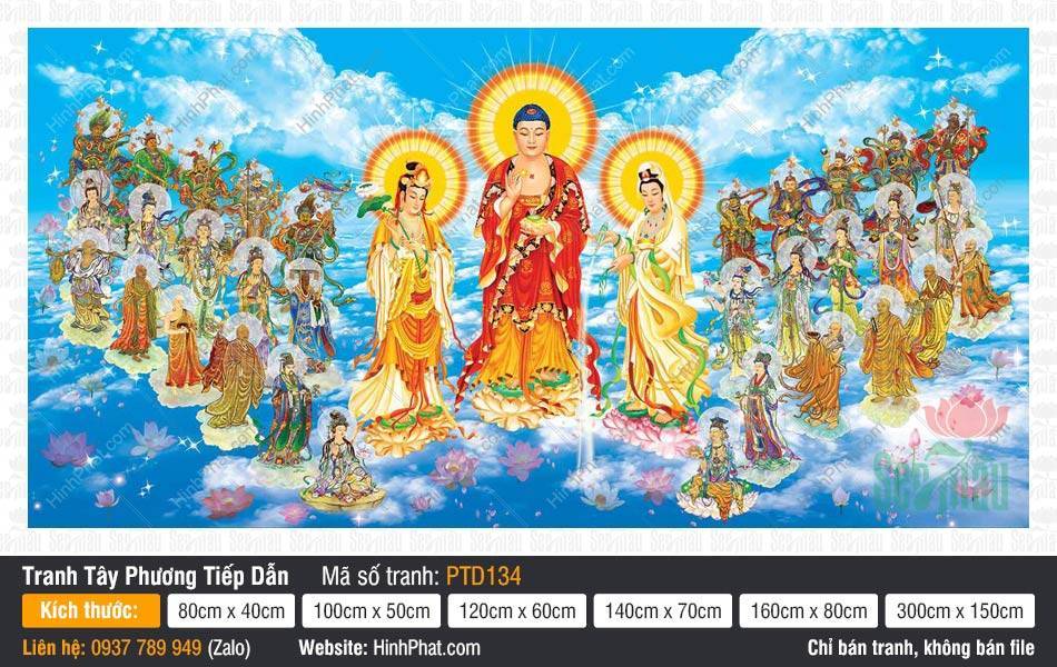 Tranh Tây Phương Tiếp Dẫn PTD134 Tranh Tây Phương Tiếp Dẫn PTD134 Đức Phật A Di Đà và Thánh chúng ngự mây trời xanh biếc