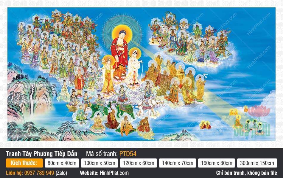 Tranh Tây Phương Tiếp Dẫn PTD54 Tranh Tây Phương Tiếp Dẫn PTD54 phác họa đoàn chư Phật và Bồ Tát ngự mây lành rực rỡ