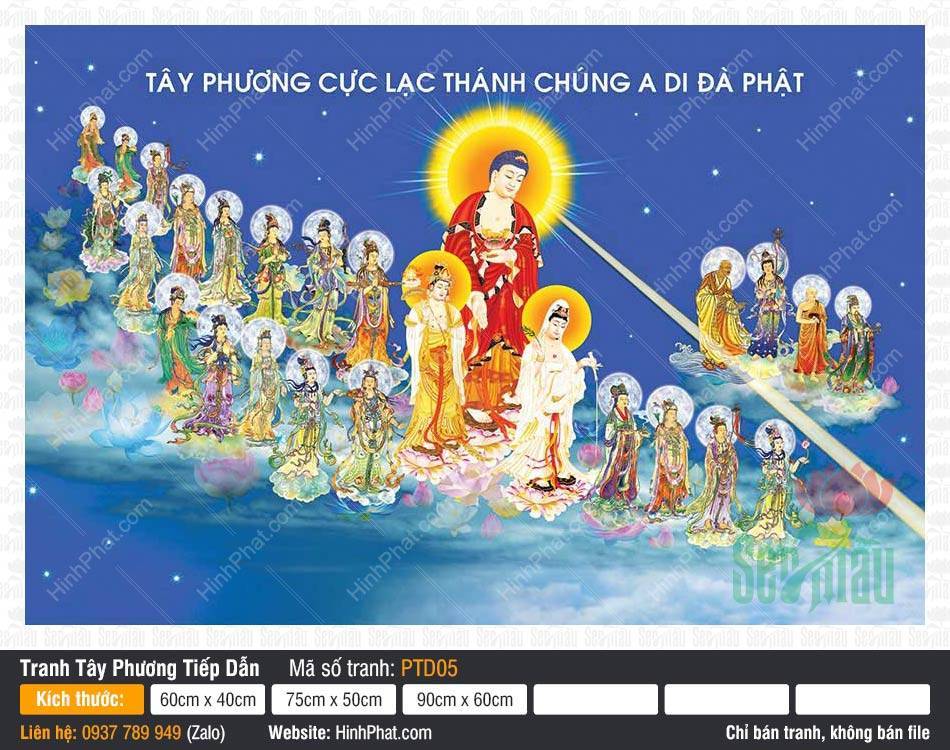 Hình Phật Tiếp Dẫn PTD05 Hình Phật Tiếp Dẫn PTD05 Đức Phật A Di Đà mặc y đỏ và đoàn Thánh chúng ngự nền trời đêm