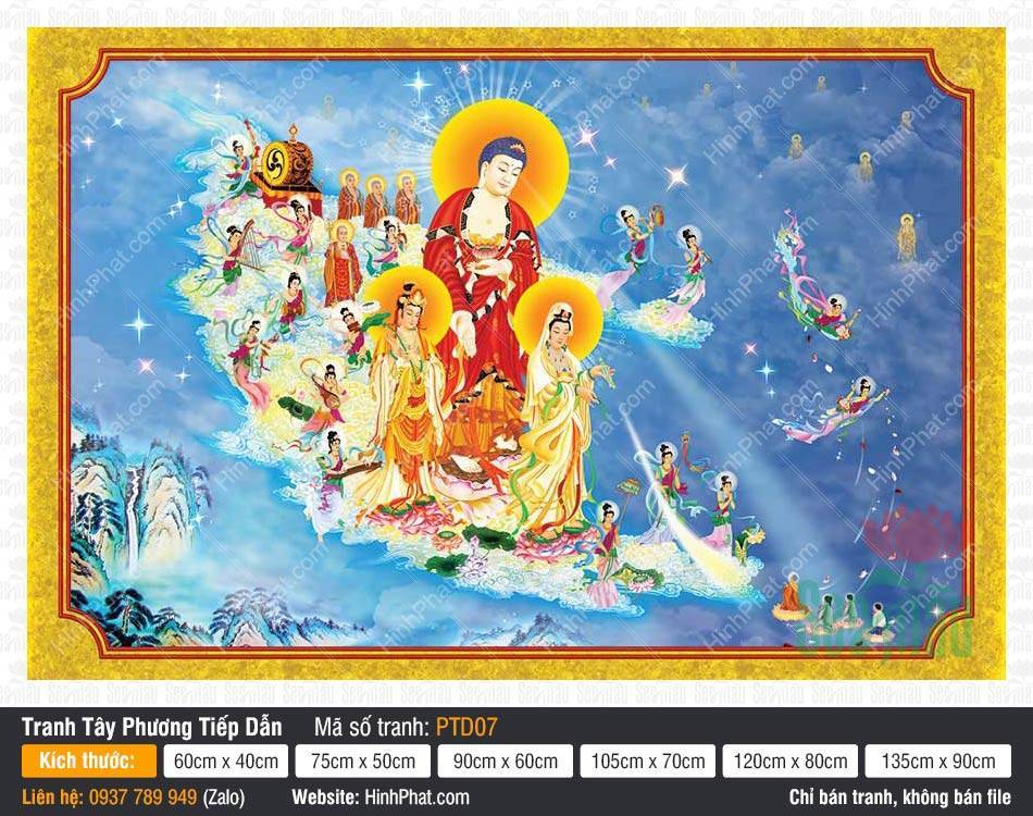 Hình Tây Phương Tiếp Dẫn Đẹp PTD07 Hình Tây Phương Tiếp Dẫn Đẹp PTD07 Đức Phật Di Đà ngự mây xanh cùng Thánh chúng