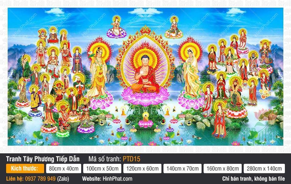 Hình Tây Phương Tiếp Dẫn Đẹp PTD15 Hình Tây Phương Tiếp Dẫn Đẹp PTD15 mô tả Đức Phật A Di Đà ngự giữa hồ sen báu