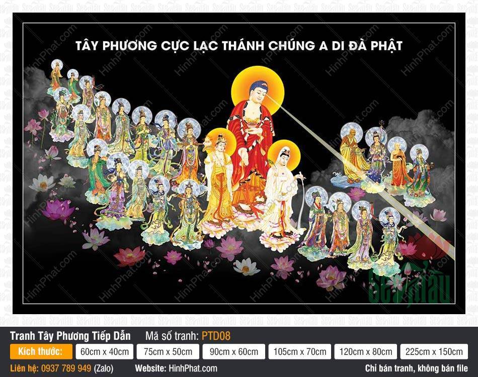 Tây Phương Tam Thánh Tiếp Dẫn PTD08 Tây Phương Tam Thánh Tiếp Dẫn PTD08 họa cảnh Đức Phật và đoàn Thánh chúng đứng trên hoa sen giữa nền đen