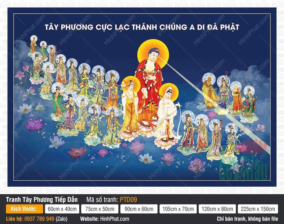 Tây Phương Tiếp Dẫn PTD09 Tôn ảnh Tây Phương Tiếp Dẫn PTD09 mô tả Đức Phật A Di Đà và Thánh Chúng ngự trên tòa sen giữa mây trời