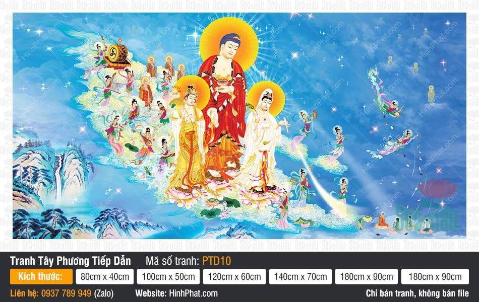 Tây Phương Tiếp Dẫn Đẹp PTD10 Tranh Tây Phương Tiếp Dẫn Đẹp PTD10 khắc họa Đức Phật Di Đà cùng Thánh chúng ngự mây xanh