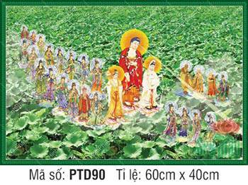 Hình Tây Phương Tiếp Dẫn Đẹp PTD90, thánh chúng ngự mây ao sen