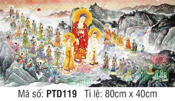 Tranh Tây Phương Tiếp Dẫn Đẹp PTD119, Phật A Di Đà ngự mây vàng
